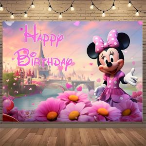 Toile de fond de fête Disney Minnie Mouse, princesse fille, décoration de Table de gâteau
