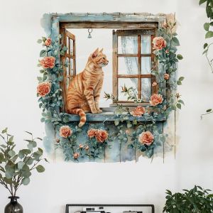 Autocollant mural de fenêtre de chat de dessin animé, papier peint de décoration de fond de canapé