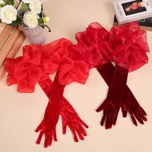 Gants longs en velours avec volants en Organza, couleur unie, manches &agrave; main pour femmes, robe de