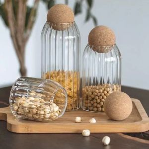 Réservoir de stockage scellé à rayures en verre de 500 à 1300ml, avec bouchon en liège, boîte de