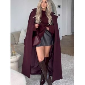 Manteau en laine à double boutonnage pour femme, manches longues, col vintage, vin rouge, élégant,
