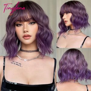 Perruques synthétiques courtes Bob gris violet avec frange, perruque de Cosplay bouclée violette