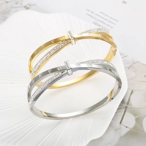 Bracelet en cristal croisé en acier inoxydable pour femmes, bracelet à chiffres romains, étanche,