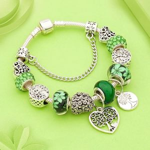 Antique tib&eacute;tain argent arbre de vie Bracelets porte-bonheur vert cristal fleur perle Bracelet avec