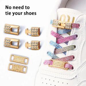 Lacets de luxe à boucle en diamant doré, sans attaches, élastiques à paillettes, baskets de Tennis,