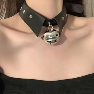 Collier ras du cou gothique vintage avec joint torique et cloche – Collier en simili cuir punk Y2K