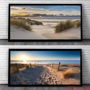 Toile d'art mural nordique bord de mer plage coucher de soleil, pont en bois, peinture de paysage