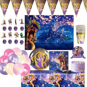 Vaisselle jetable princesse raiponce, décor de fête d'anniversaire, arrière-plan, assiette de