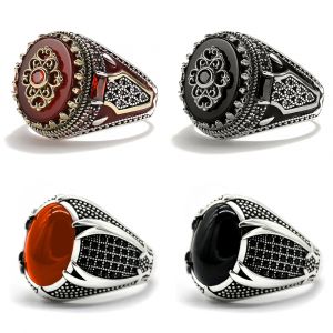 Bague rétro islamique pour hommes, faite à la main, Double épée turque, noire, rouge, pierre, Punk,