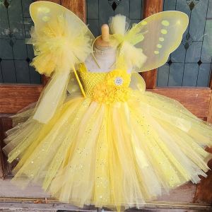 Robe jaune scintillante pour filles, tutus kled avec aile et nœud à cheveux, costume de fête pour