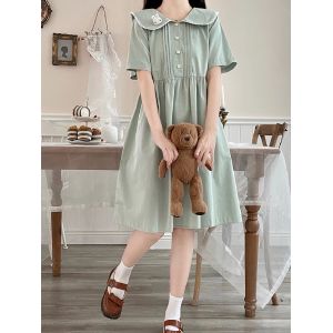 Robe japonaise Kawaii pour femmes, vert, rouge, Mori Girl, col claudine, manches courtes, style