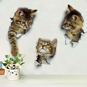 Papier peint auto-adhésif 3D amovible chat mignon, autocollant mural de fond de chambre à coucher