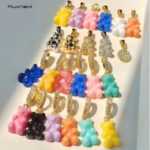 HUANZHI &ndash; collier ras du cou en r&eacute;sine et Zircon, ours en peluche, c&oelig;ur en cristal, couleur or, en