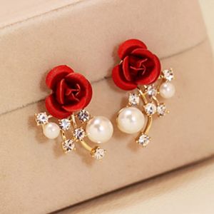 Mode rouge Rose strass boucles d'oreilles pour femmes papillon ange ailes perle fleurs boucle