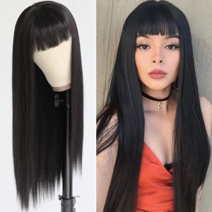 Perruque synthétique noire de 28 pouces avec frange complète, perruque longue et lisse, cheveux
