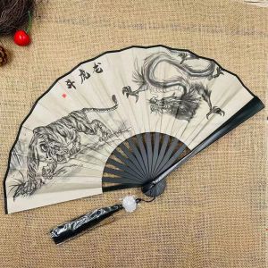 &Eacute;ventail pliant de style chinois, tissu de danse classique, impression de dragon animal en plastique