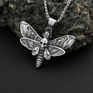 Vintage acier inoxydable crâne papillon pendentif collier Punk motard tête de mort crâne papillon