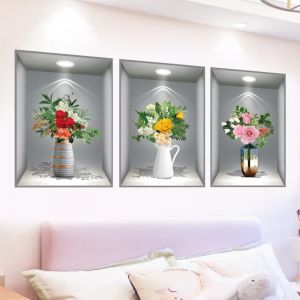 Autocollant mural vase &agrave; fleurs 3d, d&eacute;coration de maison, autocollant d'art mural auto-adh&eacute;sif pour