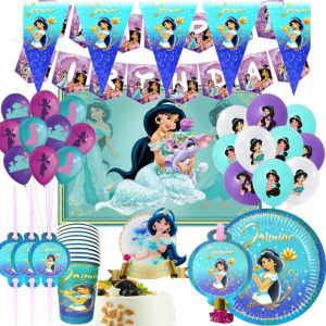 Vaisselle jetable princesse Jasmine, décor de fête magique d'anniversaire, arrière-plan, assiette de