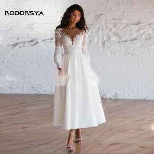 RODDRSYA-Robe de mariée courte vintage pour femmes, manches longues, encolure dégagée, robe de