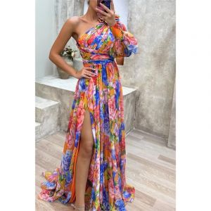 Sexy femme haute fente ourlet ample une épaule imprimé plage robe de soirée dame côté fendu une