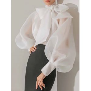 Chemise élégante à manches lanternes pour femmes, en mousseline de soie, transparente, manches