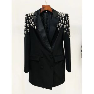 Veste Blazer pour femme, manteau rose lait, manches longues, col en V, embellissement de perles et