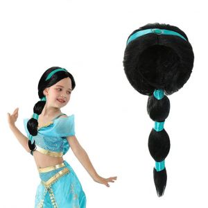 Perruque Longue Noire de Princesse Jasmine pour Fille, Déguisement d'Halloween, Lampe d'Aladdin,