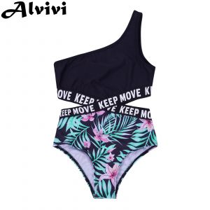 Enfants filles évider une pièce maillots de bain simple épaule lettre imprimer body maillot de bain