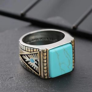 Bague aigle turquoise Vintage pour hommes, sculptée à la main, classique, bohème, pierre naturelle,