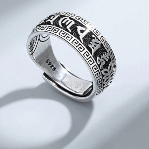 S925 Estampillé Rétro Antique Argent Plaqué Bouddhiste Six Caractères DAMING Mantra Bague