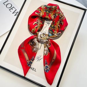 Rouge peinture à l'huile impression 70*70 cm Foulard carré en soie femmes doux Satin bandeau Foulard