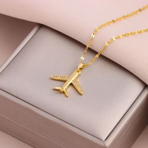 Colliers avec pendentif d'avion plaqué or 18 carats pour femmes, chaîne de clavicule en acier