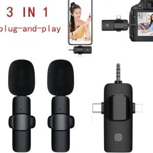 Microphone sans fil 3 en 1 pour appareils photo iPhone Android, Microphone sans fil pour interviews