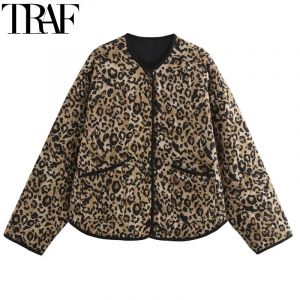 TRAF Parkas l&eacute;opard hiver manteaux femme Vintage imprim&eacute; Animal veste matelass&eacute;e femmes automne &agrave;
