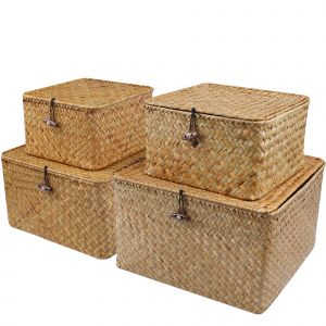 Ensemble de 4 paniers en jonc de mer avec couvercle, panier de rangement en osier, boîtes de