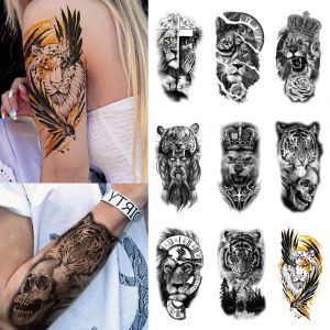 Tatouage Temporaire Étanche pour Homme et Femme, Autocollant Couronne, Rose, Fleur, Tigre, Horloge