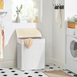 SONGMICS Panier à Linge 100L, Corbeille Linge Sale 2 Compartiments de Tri, Couvercle en Bambou,