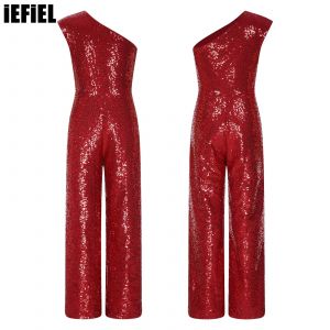 Barboteuse de danse à paillettes pour enfants filles, asymétrique épaule dénudée, sans manches,