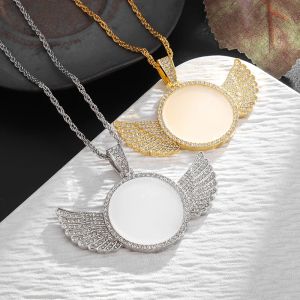 Pendentif commémoratif avec Photo miroir ailes d'ange incrusté de cristal de glace, collier en