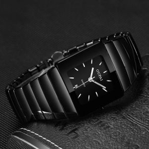 Montre-bracelet carrée à quartz en céramique noire pour homme, étanche, Shoous, anti-rayures, vissée