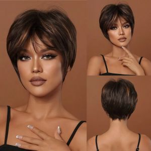 Perruques synthétiques brunes pour femmes noires, perruques courtes coupe Pixie avec frange,