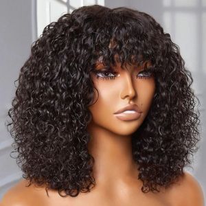 Jerry bouclés court Bob perruques de cheveux humains avec frange porter pour aller sans colle
