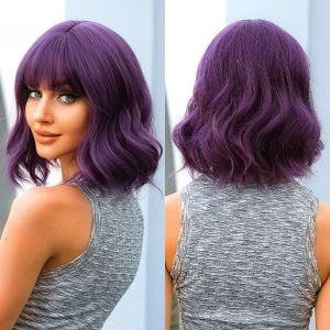 Perruques synthétiques Bob courtes violet foncé, perruques ondulées à l'eau, cheveux de Cosplay avec