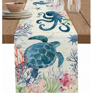 Chemin de Table en lin, tortue de mer, poulpe, corail nautique, plage, été, vie Marine, cuisine,