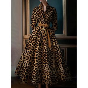 Robe l&eacute;opard pliss&eacute;e &eacute;l&eacute;gante pour femme, robe trap&egrave;ze avec ceinture, col rabattu, soir&eacute;e