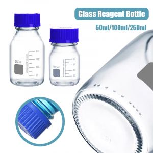 Bouteille de réactif ronde graduée en verre transparent à vis bleue, équipement de laboratoire