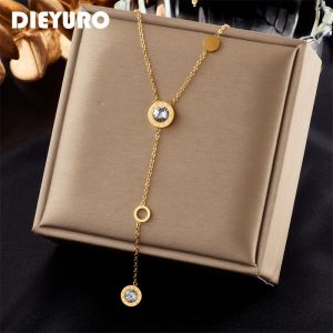 DIEYURO 316L acier inoxydable chiffre romain cadran Zircon Long pendentif collier pour femmes mode