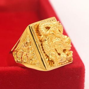 Bague de couleur or pur 18 KT pour hommes, bague réglable de luxe avec gravure de Dragon, bijoux