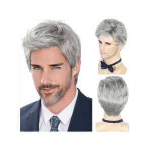 Perruques synth&eacute;tiques courtes gris argent&eacute; pour hommes, perruque naturelle r&eacute;sistante &agrave; la chaleur